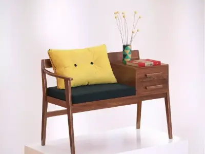 chair wooden bench with pillow Free 3D model