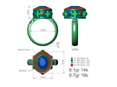 Luxury Cocktail Ring with Garnet Emerald and Diamonds 3D print model