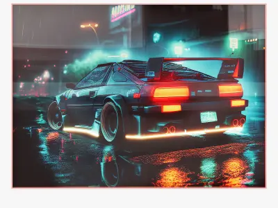 Cars of the future posters  with neon decor 3D model