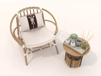 Rattan Coffee Table and Chair Set 4 3D model