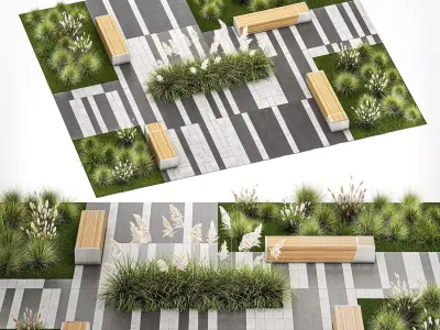 Bushes And A Bench With Paving Slabs For An Urban 1151 3D model
