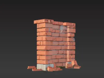 Collapsed Brick Barrier  Damaged Wall with Exposed Rebar Low-poly 3D model