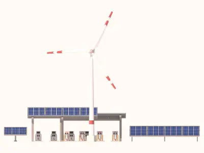 Cartoon Solar Panel Wind Turbine Electric Vehicle Charger Low-poly 3D model