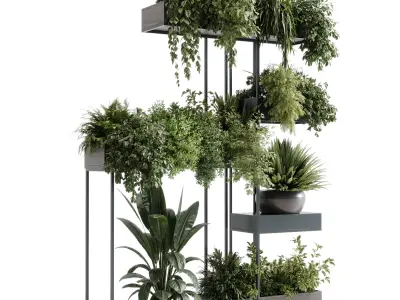 Standing metal shelf with a set of plants in wooden  586 Low-poly 3D model