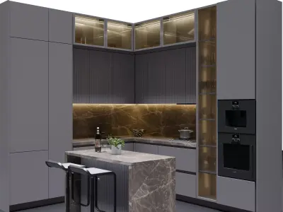 Modern L-Shaped Kitchen with Island  Free 3D model