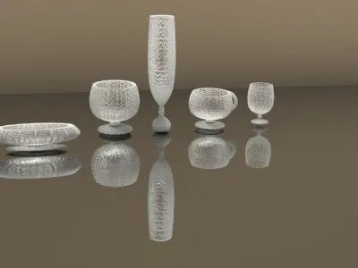 Wicker bowl set vase and plate 3D model