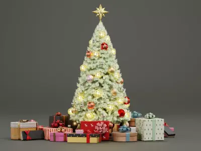 White Christmas Tree with Gifts - Decorated and Snowed  Low-poly 3D model