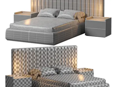 Walvia Gray Velvet Luxury Wide Headboard Bed 3D model