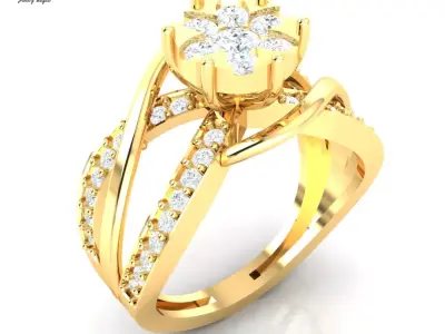 Split Shank Floral Cluster Engagement Ring in Yellow Gold 3D print model