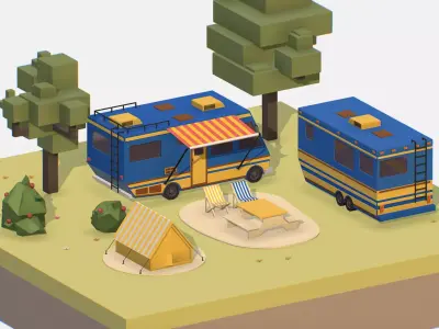 blue tourist van on halt in meadow Low-poly 3D model