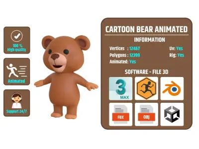 High-Quality 3D Cartoon Bear Animated Low-poly 3D model