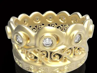 engraved gemstone crown ring 3 3D print model