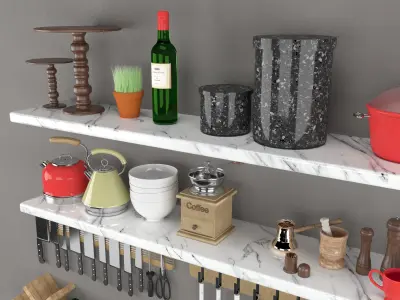 Kitchen collection utensils on shelves Free 3D model