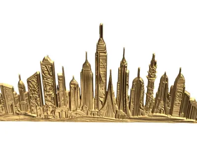 Futuristic Cityscape Relief wall panel decor set 01 3D print model