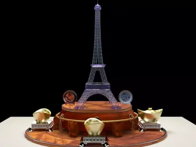 Chinese gold ingot with Eiffel tower 3D model