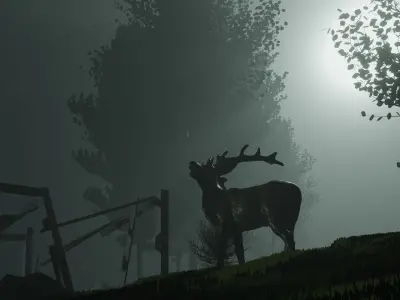 Forest-Car-Deer-Field-Grass graveyard with trees in fog Free 3D model