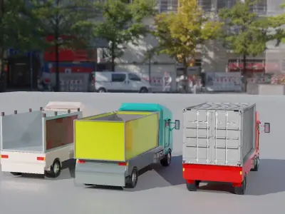 lowpoly truck three colorful trucks on city street Low-poly 3D model
