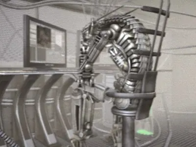 24h-burnoutbot man at desk in futuristic office Free 3D model