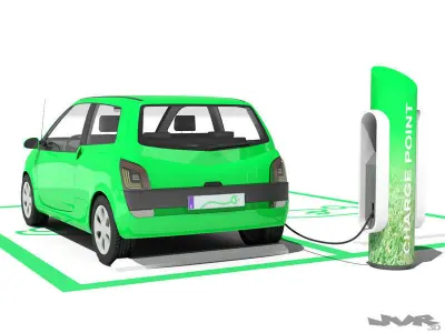 Electric Car and Charging Post 3D model