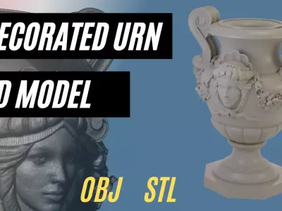 Decorated urn with female head and flower garland 3D model