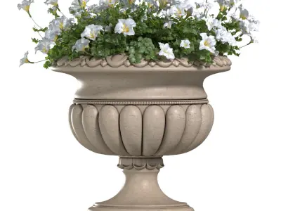White Flowers in a classic Flowerpot for Decorating the Facade 3D model