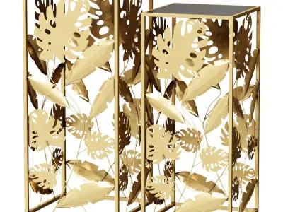 SQUARE COFFEE TABLE WITH GLASS TOP 33X33 CM GOLD BLACK LEAVES 3D model