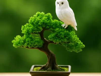 White Owl Figurine on Bonsai Tree  3D Model 3D model