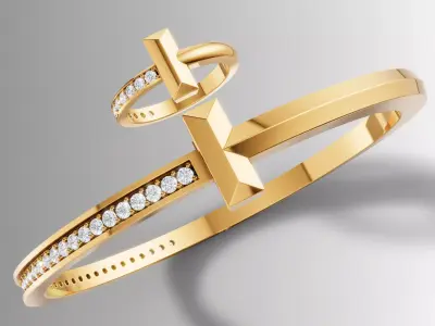 Tiffany Style T Diamond Ring Bangle Jewelry Set Cad File 3D print model