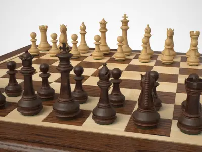 Wooden Chess Set Low-poly 3D model