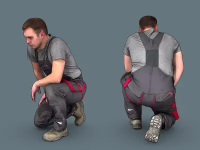 Foreman in Overalls Sitting on One Knee 3D model