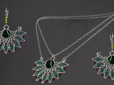 earrings emerald necklace and set 3D model