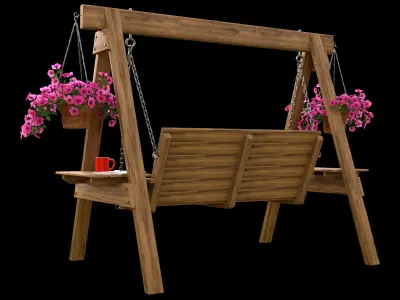 Swings wooden swing with flowers and potted plants 3D model