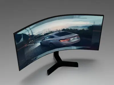 Monitor curved tv screen with car Free 3D model