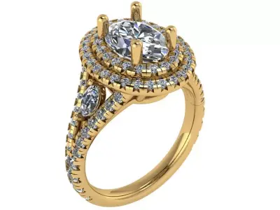 Double Halo Oval Ring with Marquise stone between shanks 3D print model