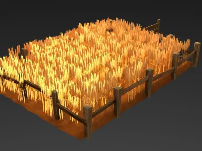 Field wheat with wooden fence Low-poly 3D model