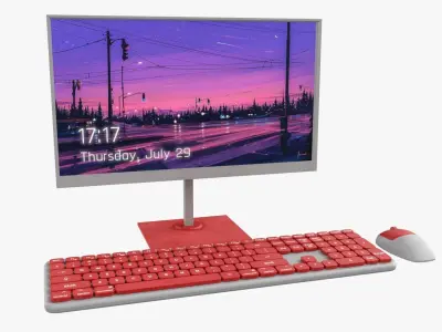 Wireles Computer Set Keyboard Mouse Monitor Red-White Version 3D model