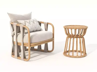 Rattan Coffee Table and Chair Set 6 3D model