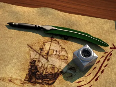 Pen And Paper Classic With Ink Bottle Low-poly 3D model