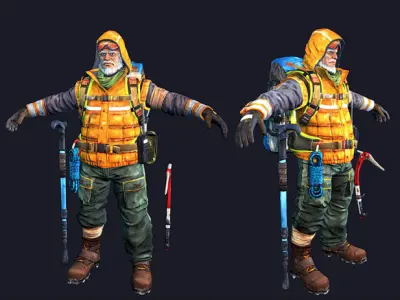 Adventurer two men with backpacks and poles Low-poly 3D model