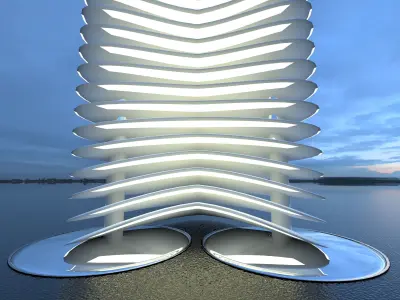 scyscraper futuristic structure in middle of body of water 3D model