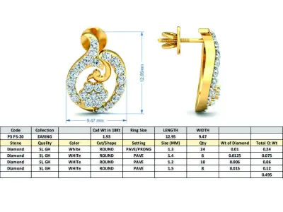 Light weight  Yellow Gold Diamond earring-P3 PSER-20 3D print model