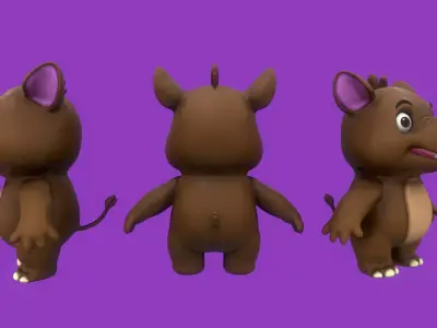 Rigged Brown Cute Playful Rhino Low-poly 3D model