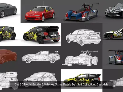 Car 3D Model Bundle 5 Vehicles Game Ready Detailed Collection 3D Model Pack