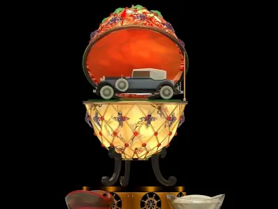 Chinese gold ingot with egg and antique car 3D model