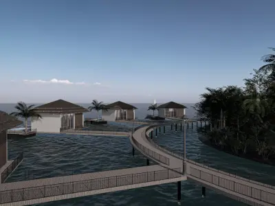 fully detailed Maldives Style Overwater Villa  site Resort Scene 3D model