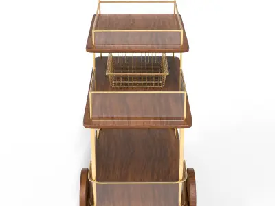 Modern luxe bar cart with gold frame and wooden shelves 3D model