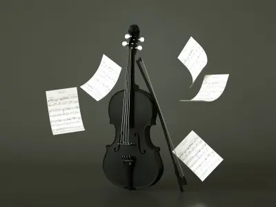 Violin 3D Model with music sheets floating in air Low-poly 3D model
