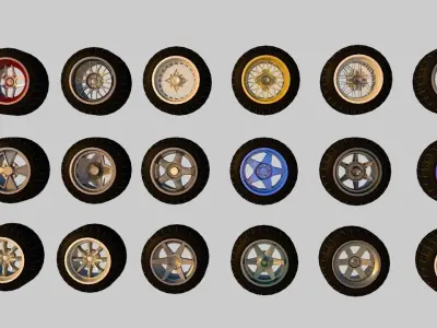 Pack of 100 unique rims tires for cars Low-poly 3D model