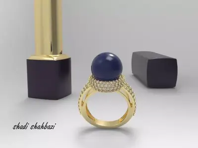 luxury Silver Cabochon Ring with Pave Diamonds 3D print model