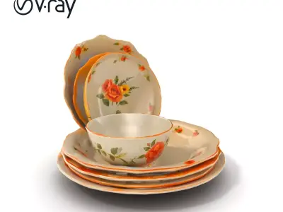 Farmhouse Porcelain Dish Set Floral Pattern model pack Low-poly 3D model